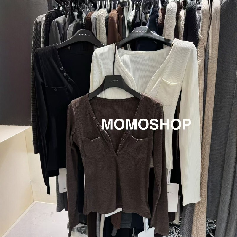 momo韩版v领排扣长袖T恤