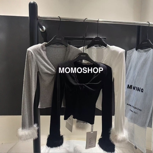 momo打底衫 加绒T恤纯欲显瘦上衣 2025秋冬新韩v领蕾丝拼接设计长袖