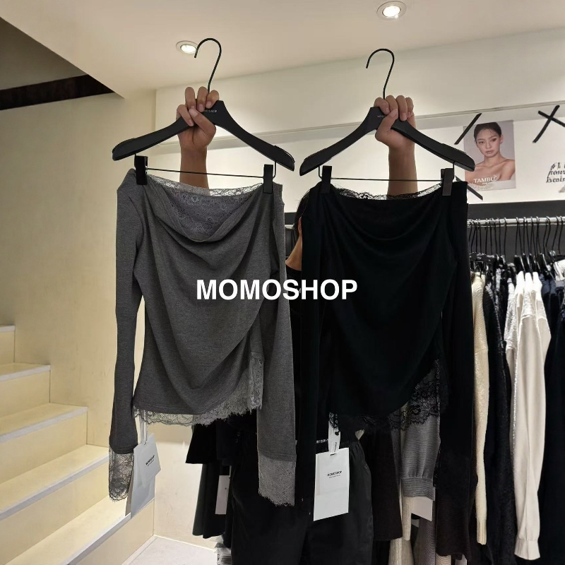 momo蕾丝拼接设计感长袖T恤