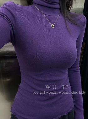 wu33打底衫2025冬新韩版高领木耳边设计长袖加绒T恤显瘦上衣内搭