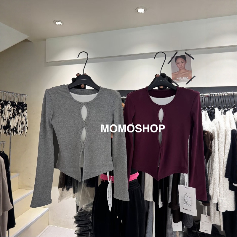 momo冬新韩版U领假两件打底T恤