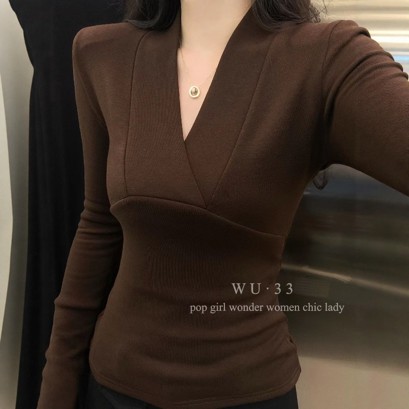 冬季羊绒加绒V领显瘦打底T恤