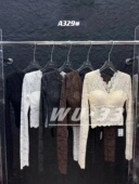 2025新款 韩版 性感显瘦v领设计感蕾丝上衣长袖 wu33春款 镂空打底衫