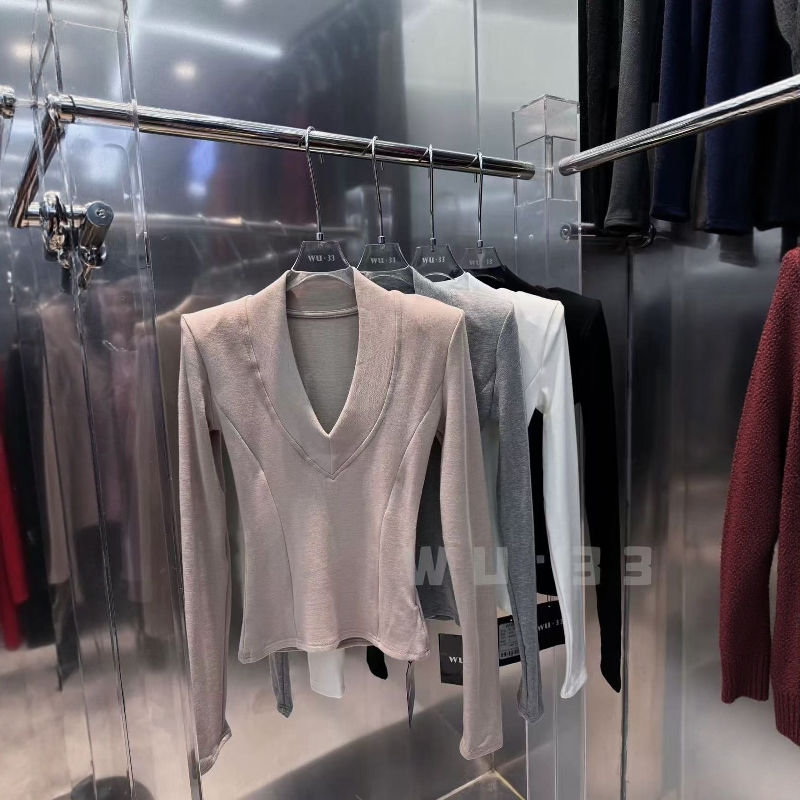 wu33韩版v领设计感羊绒打底衫