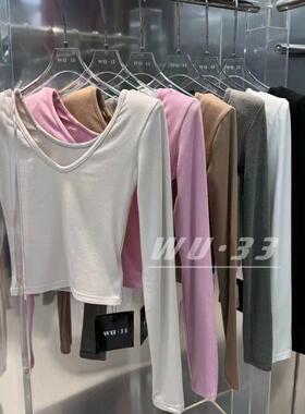 2025春季新款韩版wu33打底衫v领垫肩设计感长袖T恤修身显瘦短上衣