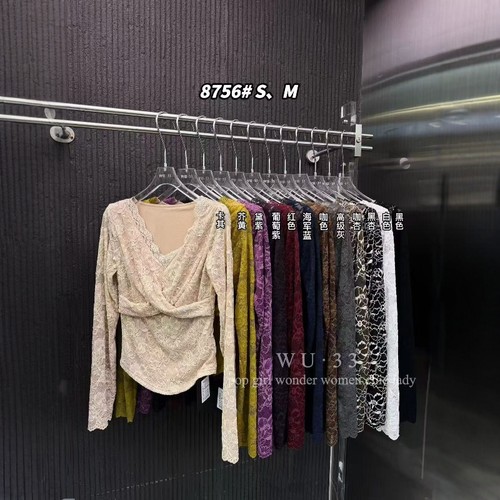 wu33韩版v领交叉蕾丝T恤