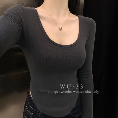 冬季加绒U领褶皱显瘦长袖T恤