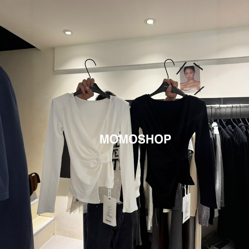 momo冬新V领加厚显瘦打底T恤