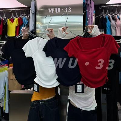 wu33打底2025夏新韩版方领吊带设计感带胸垫短袖T恤气质显瘦上衣