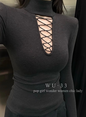 wu33打底衫2025冬新高领镂空长袖羊绒加绒T恤女修身显瘦辣妹上衣