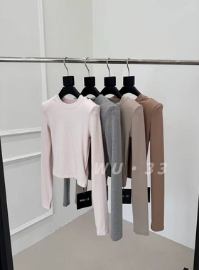 wu33打底2025早秋新款韩版洋气百搭圆领紧身显瘦垫肩T恤短上衣女