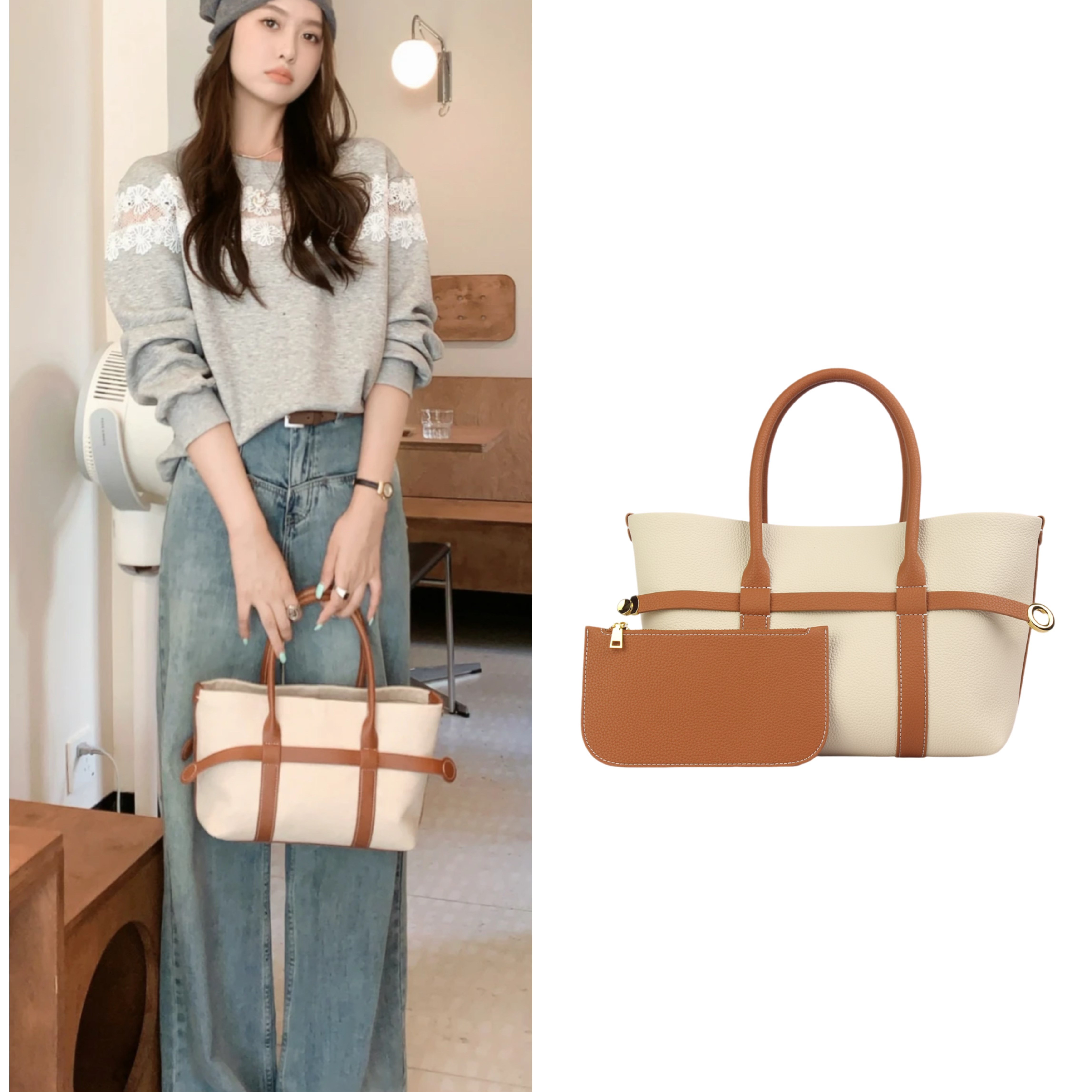 双色拼接托特包大容量手提包女通勤百搭时尚单肩斜挎包牛皮包女包