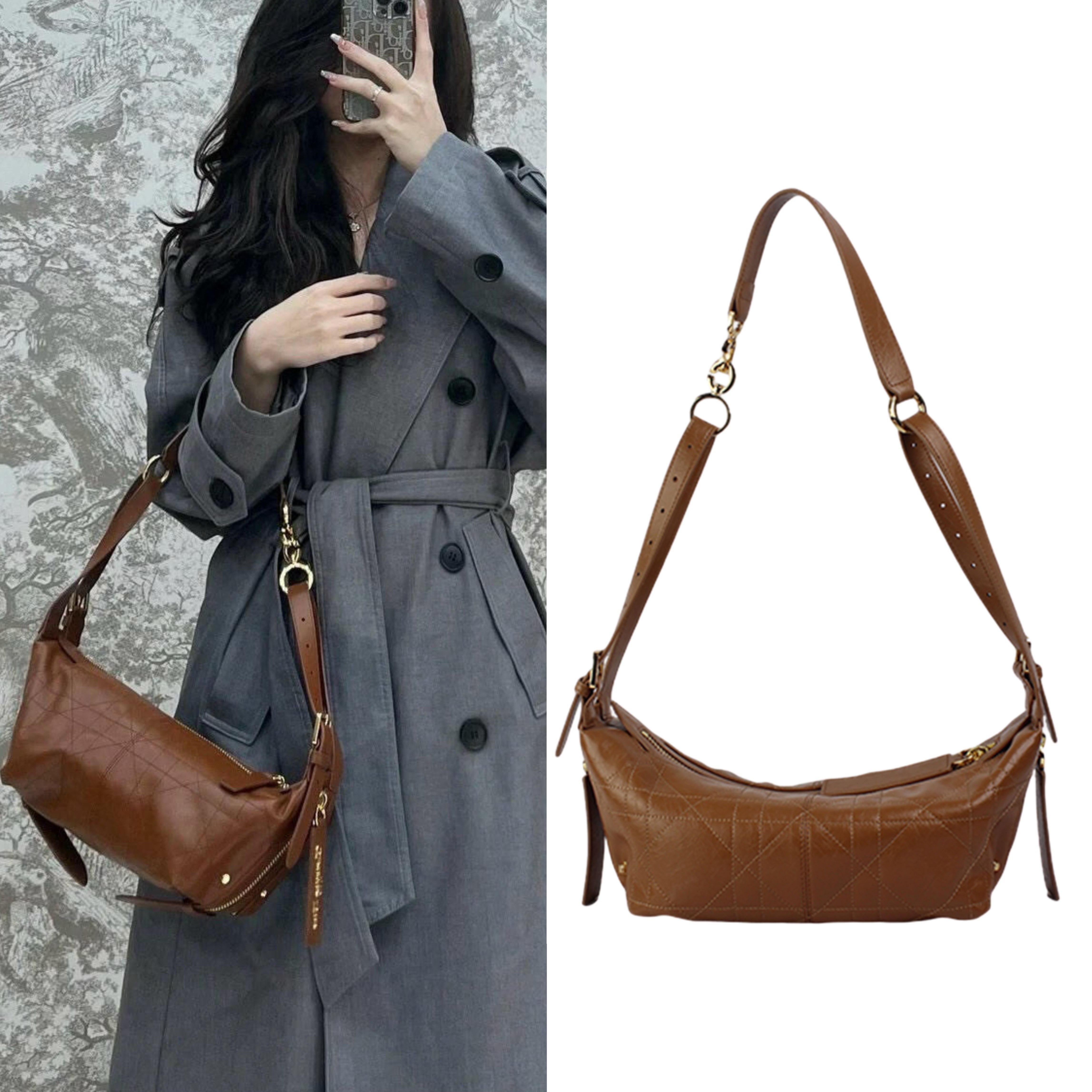 棕色简约褶皱真皮法棍包复古单肩包女秋冬百搭斜挎包质感小包通勤