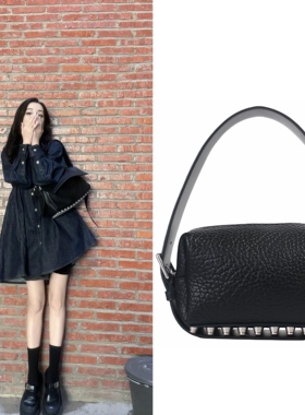 迪丽热巴同款底部铆钉机车女包真皮包手包手提单肩斜挎黑色牛皮包