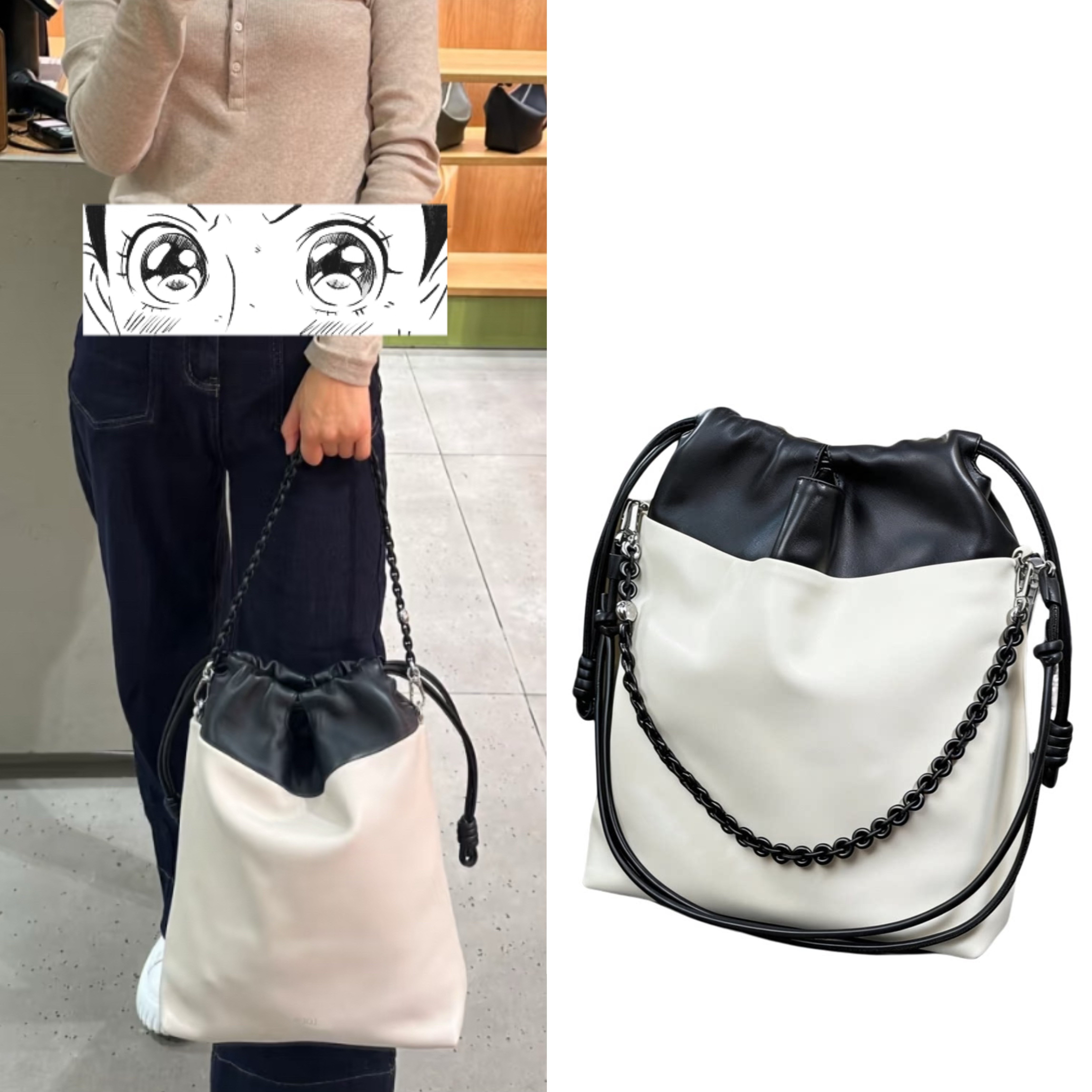 黑白拼色抽绳包手提包链条包单肩包云朵包女包撞色胎头层牛皮真皮