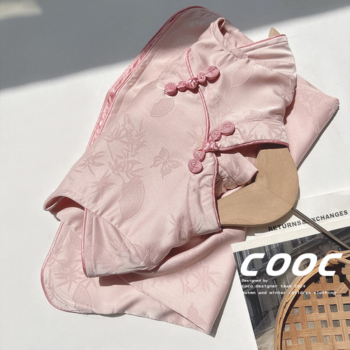 25夏女童粉色提花仿真丝缎面旗袍