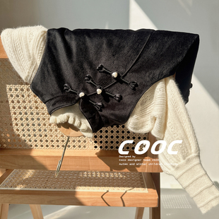 2023秋冬女童丝绒套装黑色盘扣连衣裙赫本风背心裙气质旗袍礼服