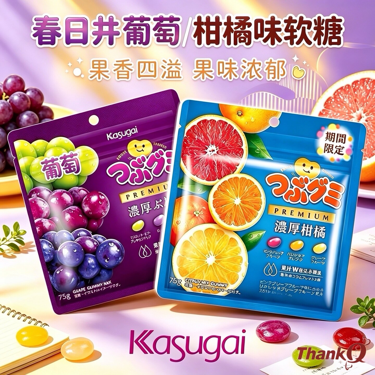 日本进口零食春日井三种桃子味脆皮软糖夹心果汁浓厚葡萄腰豆QQ糖