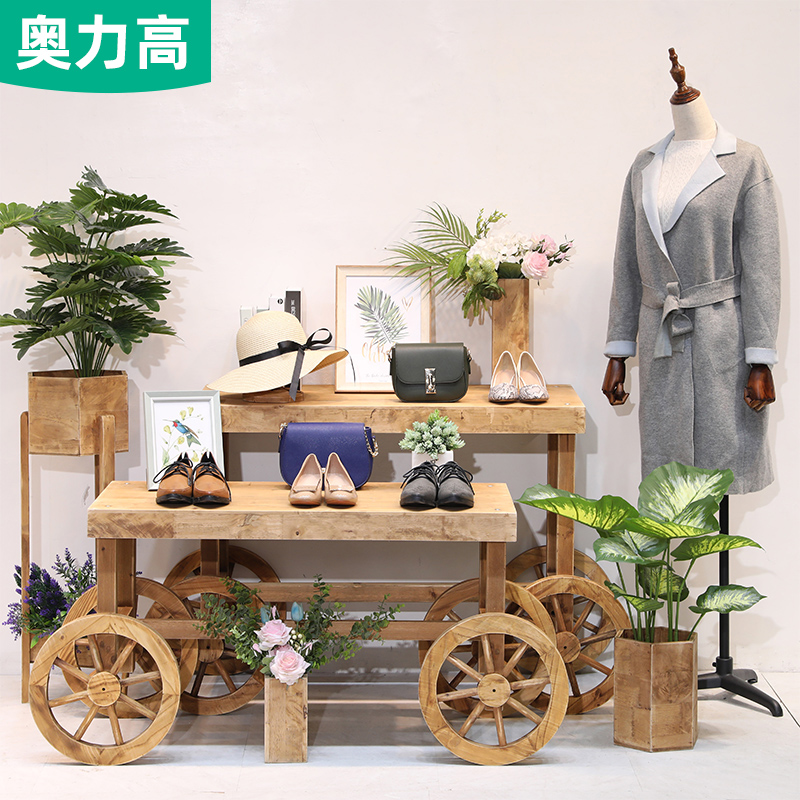 花店花架服装店展示架实木落地中岛架高低流水台组合复古包架展台