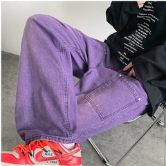 X6766-P48 日系复古潮流牛仔裤洗水扎染渐变紫色男女休闲直筒裤