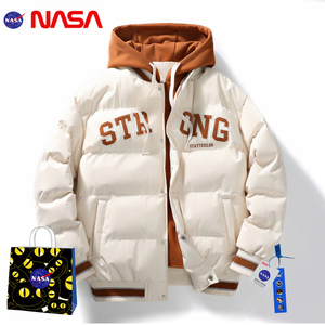 NASA连帽棉衣男款冬季加厚潮假两件外套棉袄棒球服青少年学生笑脸