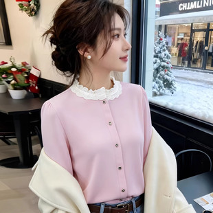 宽松显瘦小衫 温柔风木耳花边拼接长袖 新款 女春季 气质减龄上衣 衬衫