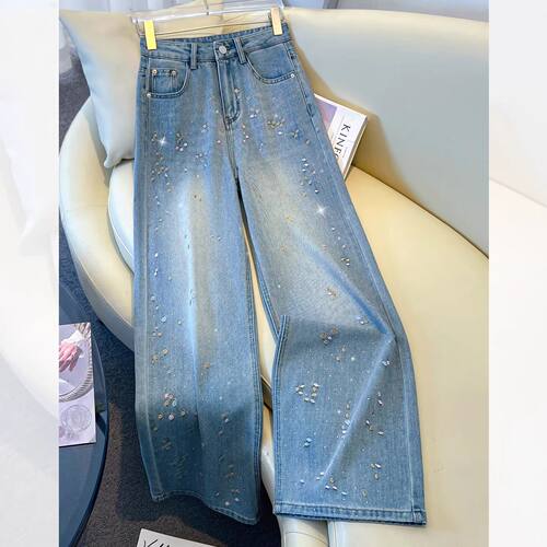 烫钻阔腿牛仔裤女春秋季2026新款