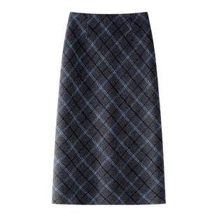 2025新款 a字直筒裙 灰蓝格纹毛呢包臀半身裙女秋冬高腰显瘦中长款