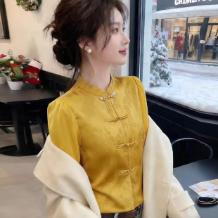 新款 新中式 女士春季 衬衫 宽松遮肉显瘦气质上衣 提花盘扣立领七分袖