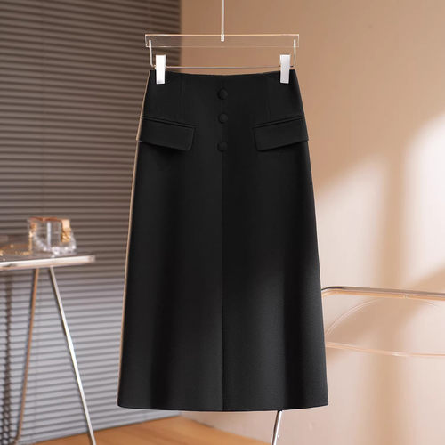 黑色高端精致毛呢半身裙女秋冬