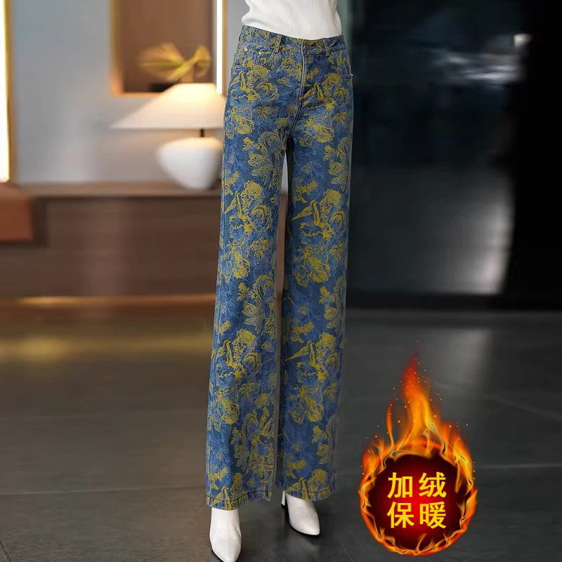 阔腿牛仔裤女加绒秋冬季2025新款宽松显瘦复古印花加厚窄版直筒裤,女装/女士精品,大码裤装,淘宝优惠券,粉丝福利购,淘宝优惠卷