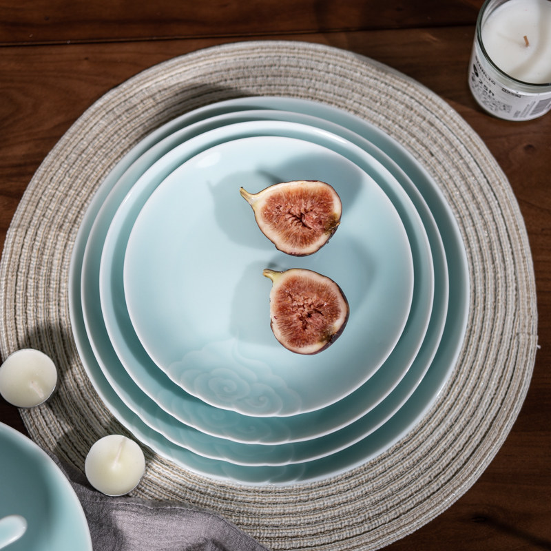 龙泉青瓷家用陶瓷创意中式祥云菜盘子深盘8英寸深碟汤盘水果饭盘,餐饮具,盘,淘宝优惠券,粉丝福利购,淘宝优惠卷