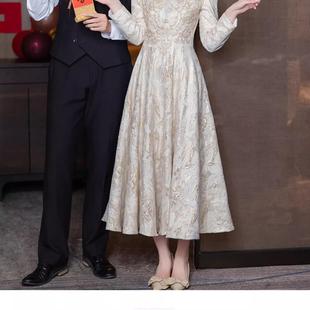 新中式订婚晚礼服女主持人夏季香槟色高端轻奢敬酒服新娘长袖显瘦