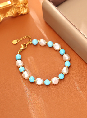 天然蓝松石银块串珠手链清新甜美优雅气质手饰时尚高级感毛衣链女