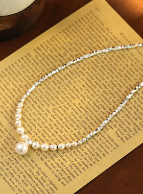 施家澳白珍珠碎银子项链戴妃同款水滴珍珠毛衣链锁骨气质毛衣链
