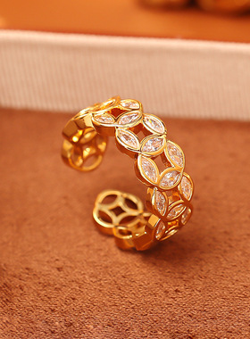 新国潮钱多多锆石铜钱戒指高级感时尚精致喜庆开口戒新中式活口戒