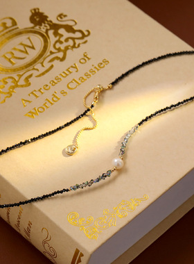 韩版网红黑尖晶石珍珠锁骨链