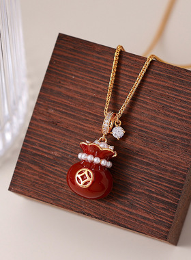 新年红滴釉钱袋珍珠项链