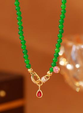 绿玉森林复古绿玉锆石串珠项链