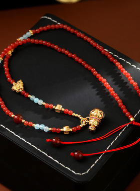 新年红色碧玺葫芦吊坠项链国潮民族风红绳毛衣链马年纳福招财颈链