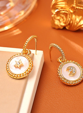 星月神话天然贝母耳钉925银针高级感时尚圆形耳坠甜美仙气c圈耳环