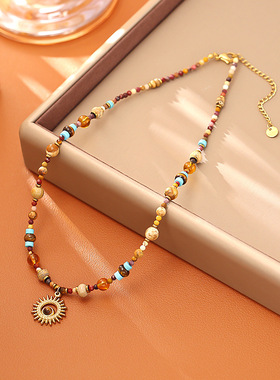 美拉德风天然石太阳花吊坠项链高级感时尚波西米亚风多巴胺毛衣链