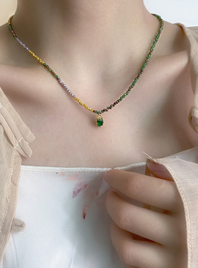法式复古天然祖母绿色石头拼接串珠项链女国潮新中式高级感毛衣链