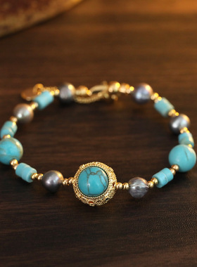 国潮新中式绿松手链中古vintage设计花纹镂空招财淡水珍珠手链女