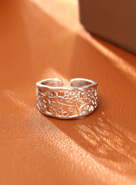复古镂空碎花开口戒指小众金属风