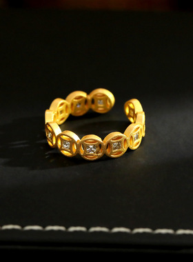 磨砂哑金暴富小铜钱戒指新中式镂空钱币五帝钱镶锆指环情侣对戒