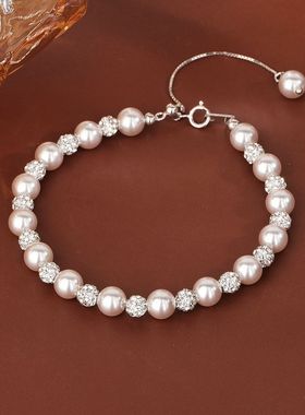 s925纯银曼塔玫瑰色珍珠手链串珠高级感小众新中式香巴拉水晶钻球