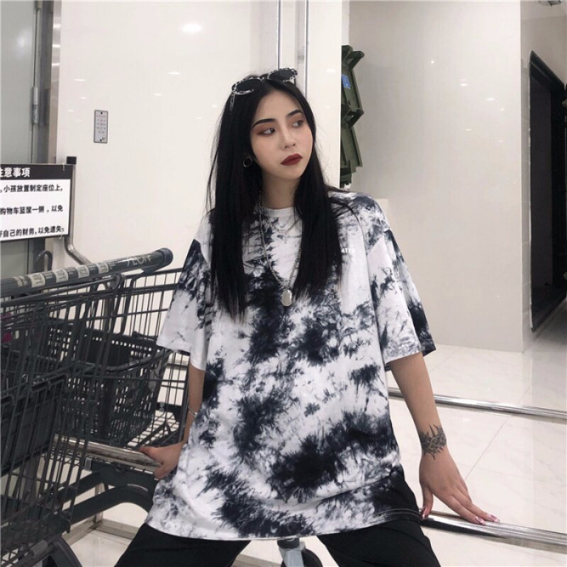 跨境 韩版原宿风嘻哈渐变扎染情侣装上衣宽松中长款短袖T恤女夏装