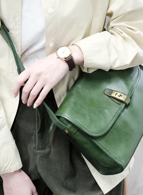 葱木 日系植鞣牛皮复古邮差包真皮ins风小众通勤单肩斜挎包大容量