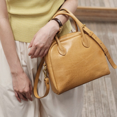 葱木法式 日常通勤复古波士顿保龄球包小众质感新款 真皮手提包斜挎